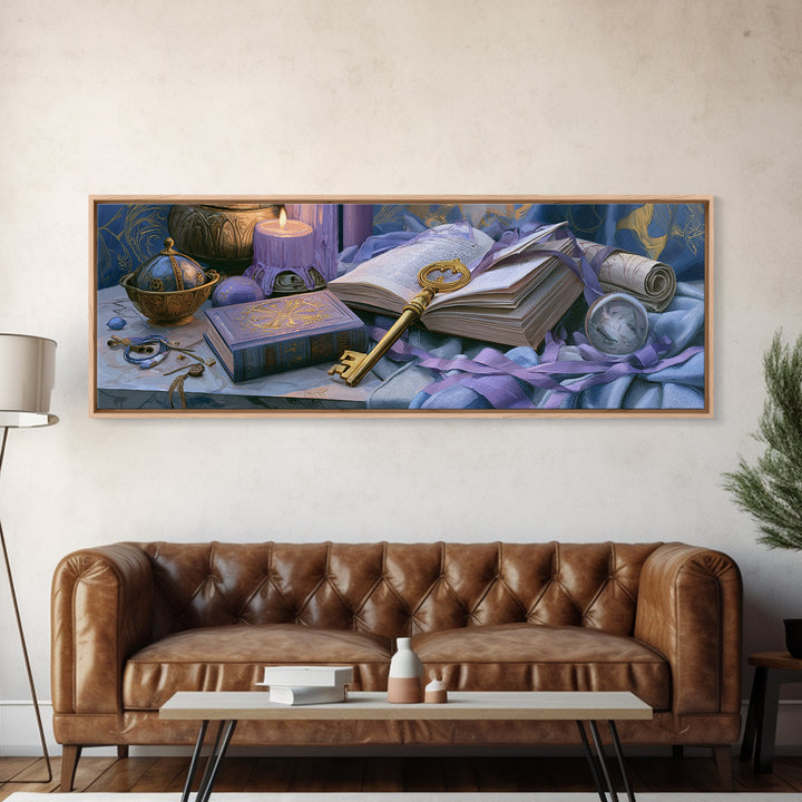 Golden Key and Enchanted Book Still Life Canvas Print, Fairy Tale Art, Kids Room Decor, Living Room Decor, Abstract Art, FTA-3x1-49