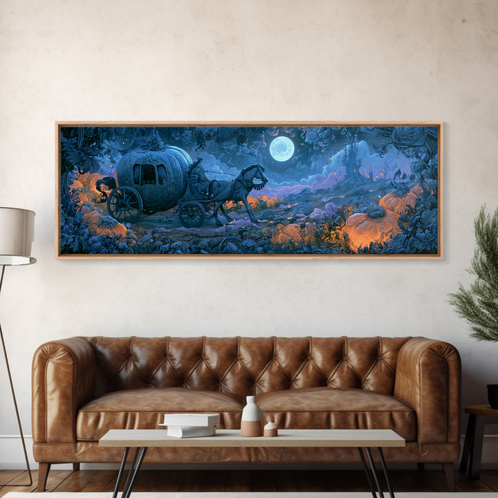 Pumpkin Carriage under Midnight Sky Framed Canvas Print, Fairy Tale Art, Minimalist Decor, Living Room Decor, Storybook, FTA-3x1-56