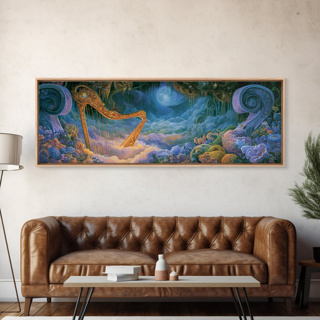 Golden Harp in a Cloud Kingdom Canvas Print, Fairy Tale Art, Boho Decor, Living Room Decor, Oil Painting, Storybook, Art Print, FTA-3x1-62