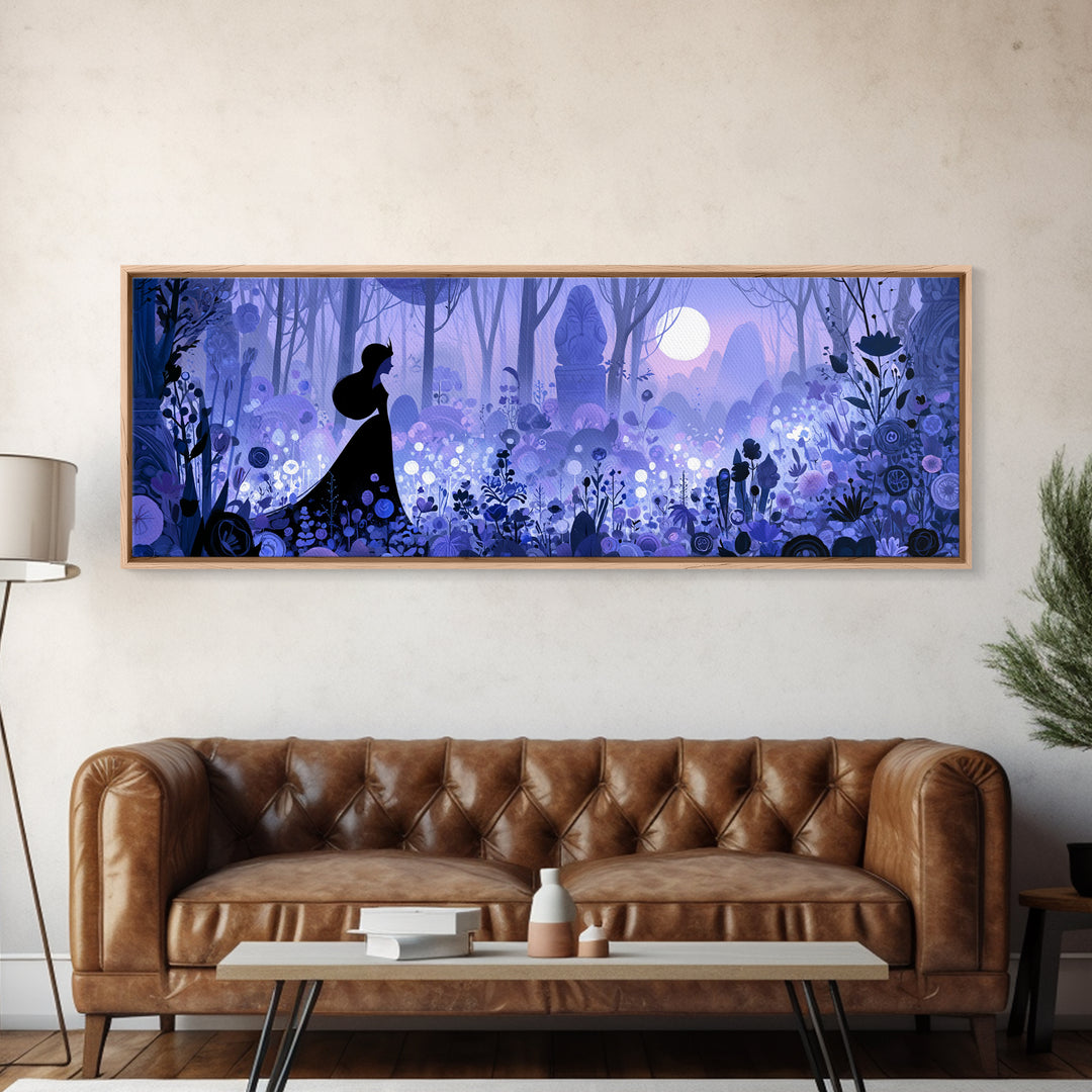 Princess Silhouette with Moonlit Garden Flowers Framed Canvas Print, Fairy Tale Art, Home Decor, Living Room Decor, Storybook, FTA-3x1-68