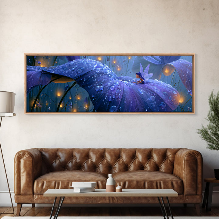 Tiny Fairy Resting on a Dew Covered Canvas Print, Fairy Tale Art, Printable Art, Living Room Decor, Oil Painting, Storybook, FTA-3x1-71