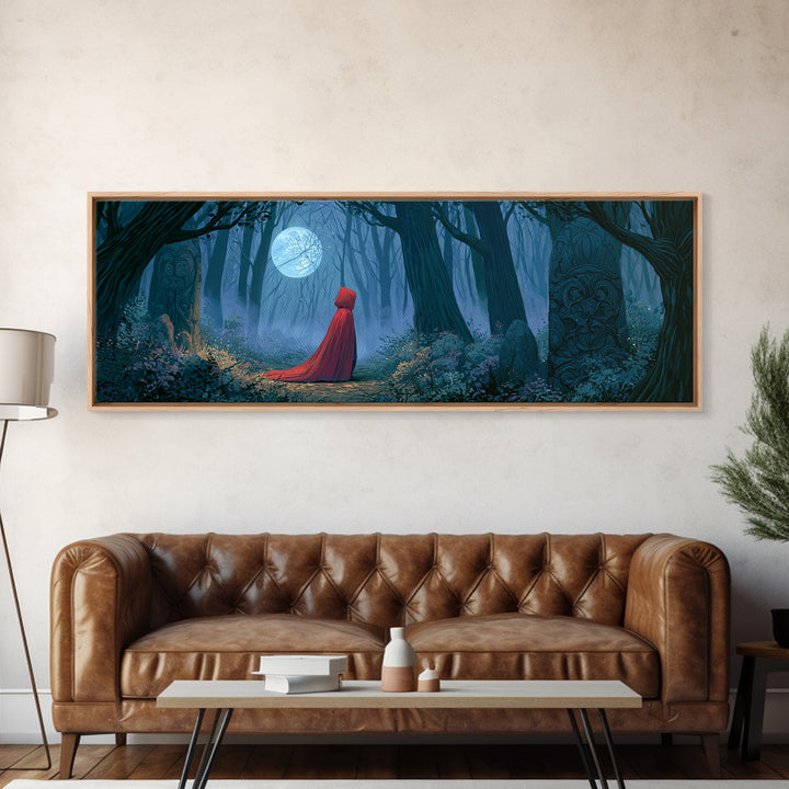 Red Cloak Figure Walking Through Dark Woods Framed Canvas Print, Fairy Tale Art, Wall Decor, Living Room Decor, Storybook, FTA-3x1-72