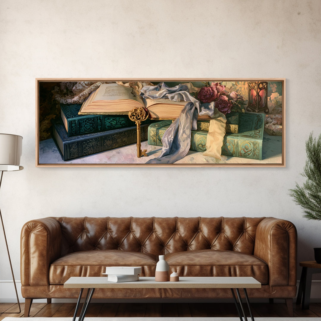 Golden Key and Enchanted Book Still Life Framed Canvas Print, Fairy Tale Art, Neutral Decor, Living Room Decor, Storybook, FTA-3x1-73