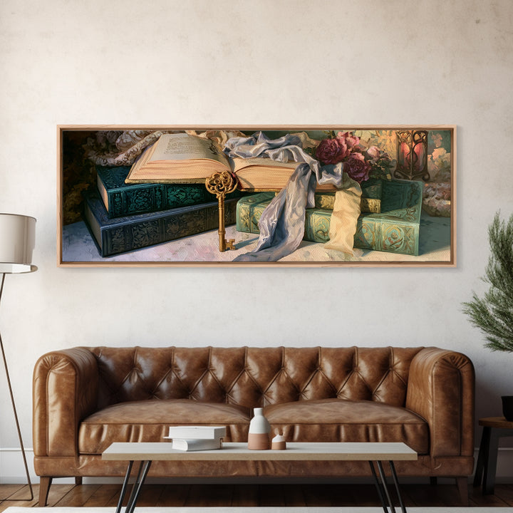 Golden Key and Enchanted Book Still Life Framed Canvas Print, Fairy Tale Art, Neutral Decor, Living Room Decor, Storybook, FTA-3x1-73