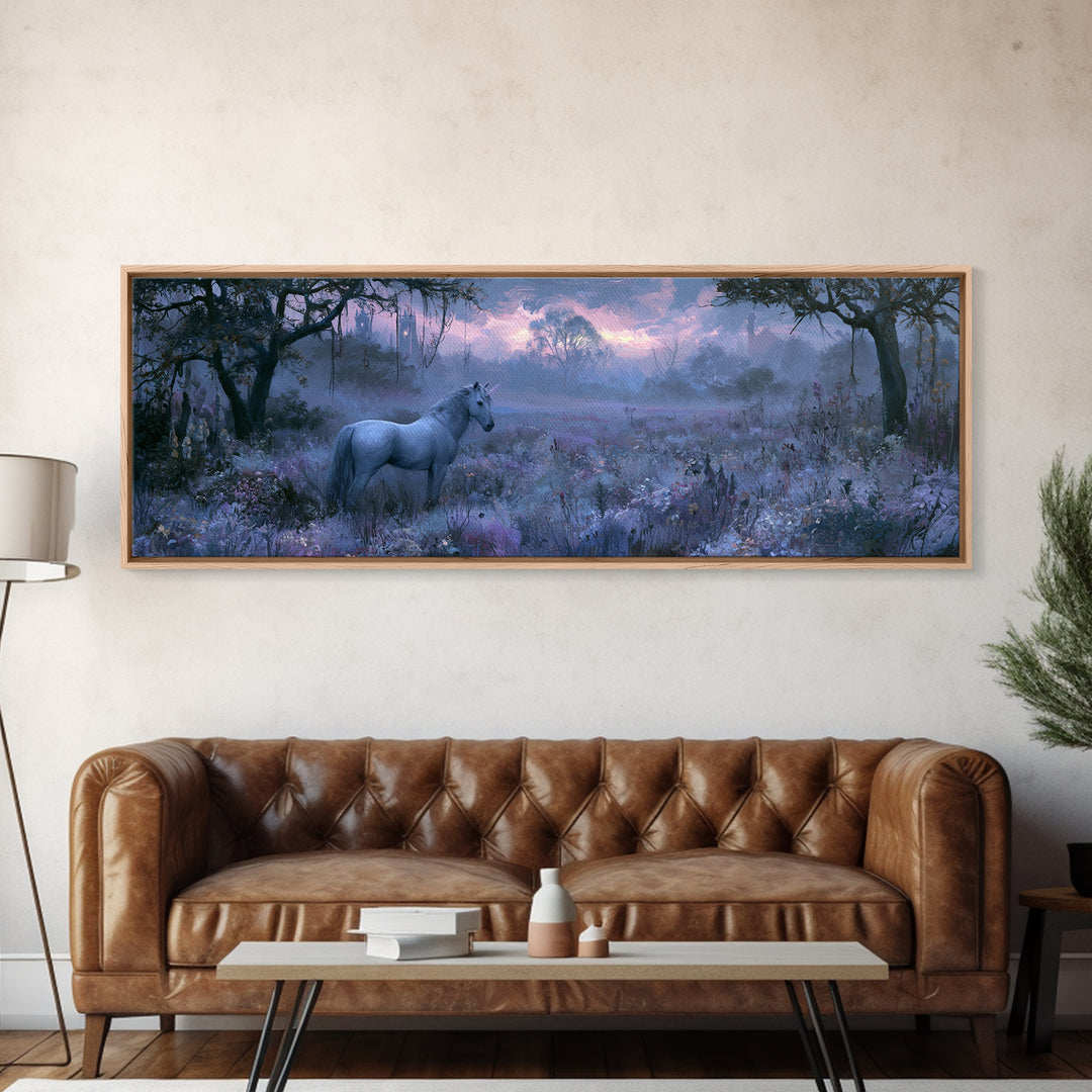 Unicorn in a Moonlit Meadow Framed Canvas Print, Fairy Tale Art, Princess Wall Art, Living Room Decor, Fine Art, Storybook, FTA-3x1-74