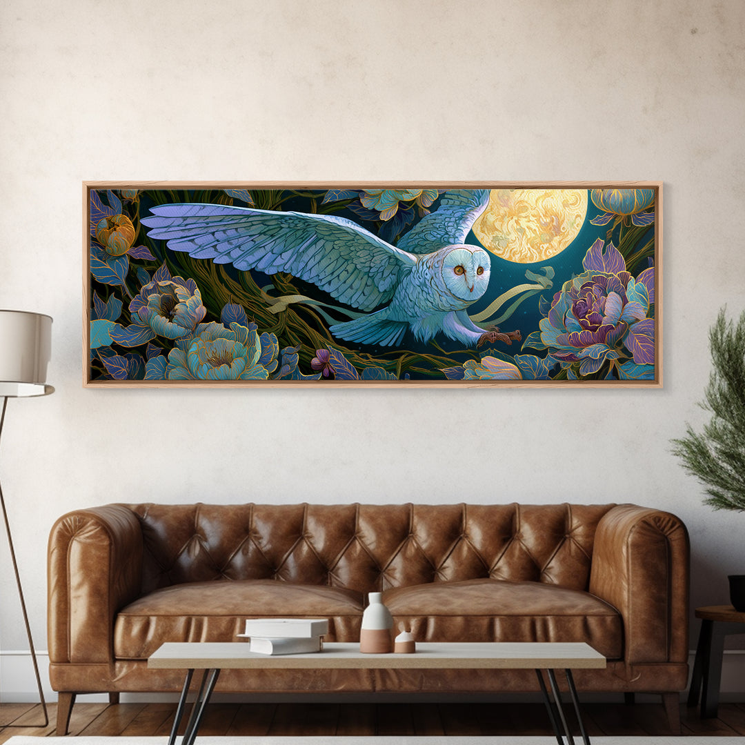 Owl Messenger Carrying a Tiny Ribbon Framed Canvas Print, Fairy Tale Art, Fairy Art, Living Room Decor, Fine Art, Storybook, FTA-3x1-81