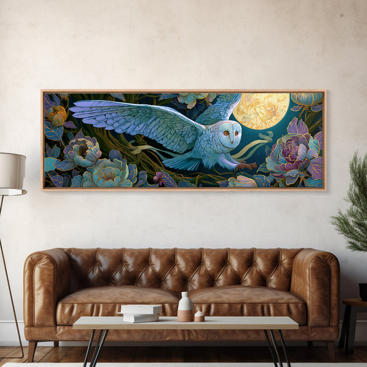 Owl Messenger Carrying a Tiny Ribbon Framed Canvas Print, Fairy Tale Art, Fairy Art, Living Room Decor, Fine Art, Storybook, FTA-3x1-81