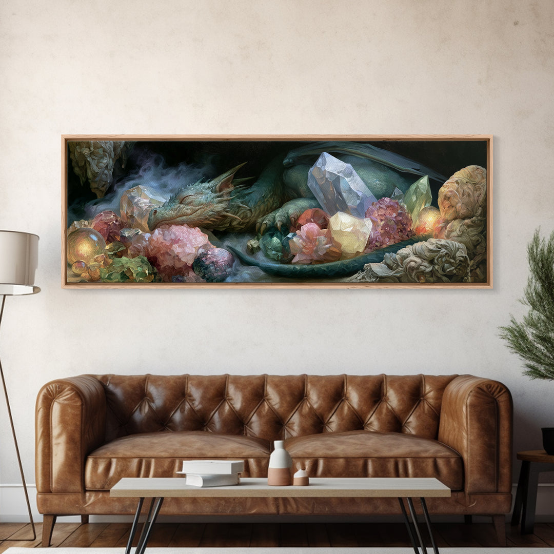Sleeping Dragon in a Cave of Crystals Canvas Print, Fairy Tale Art, Wall Art, Living Room Decor, Oil Painting, Storybook, FTA-3x1-88