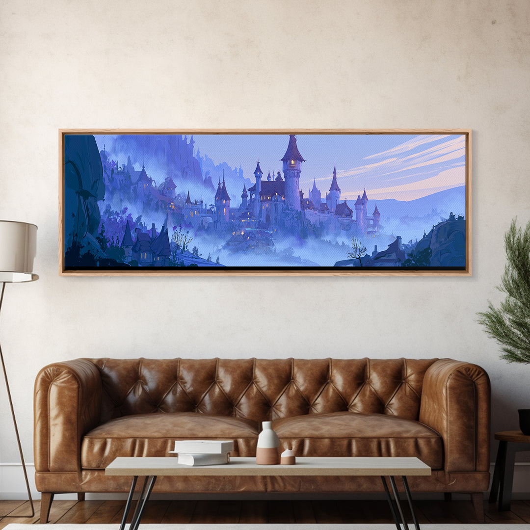 Storybook Castle on a Misty Hill Framed Canvas Print, Fairy Tale Art, Whimsical Wall Art, Living Room Decor, Storybook, FTA-3x1-90