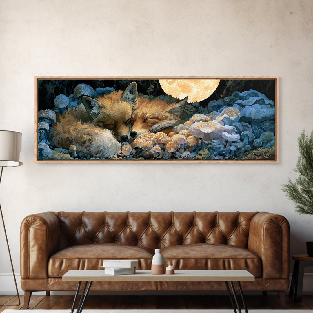 Sleeping Fox Beside a Magical Mushroom Ring Canvas Print, Fairy Tale Art, Printable Wall Art, Living Room Decor, Storybook, FTA-3x1-91