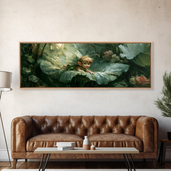Tiny Fairy Resting on a Dew Covered Canvas Print, Fairy Tale Art, Art Deco, Living Room Decor, Storybook, Whimsical Art, FTA-3x1-95