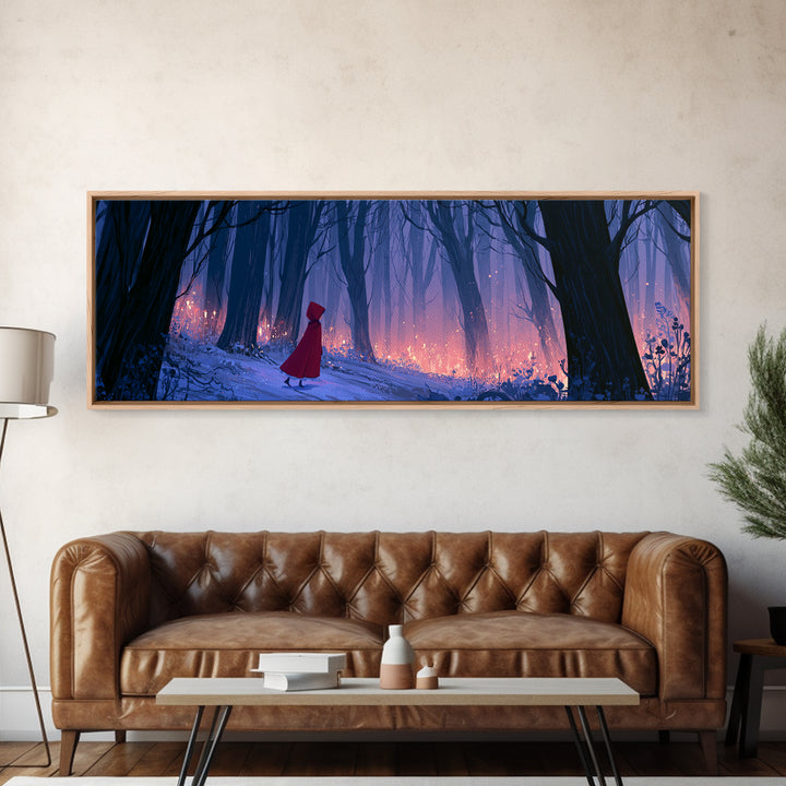 Red Cloak Figure Walking Through Dark Woods Canvas Print, Fairy Tale Art, Textured Painting, Living Room Decor, Storybook, FTA-3x1-96