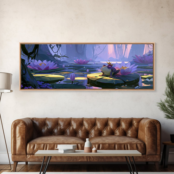 Frog Prince on a Lily Pad Framed Canvas Print, Fairy Tale Art, Original Art, Living Room Decor, Fine Art, Storybook, Folk Art, FTA-3x1-99