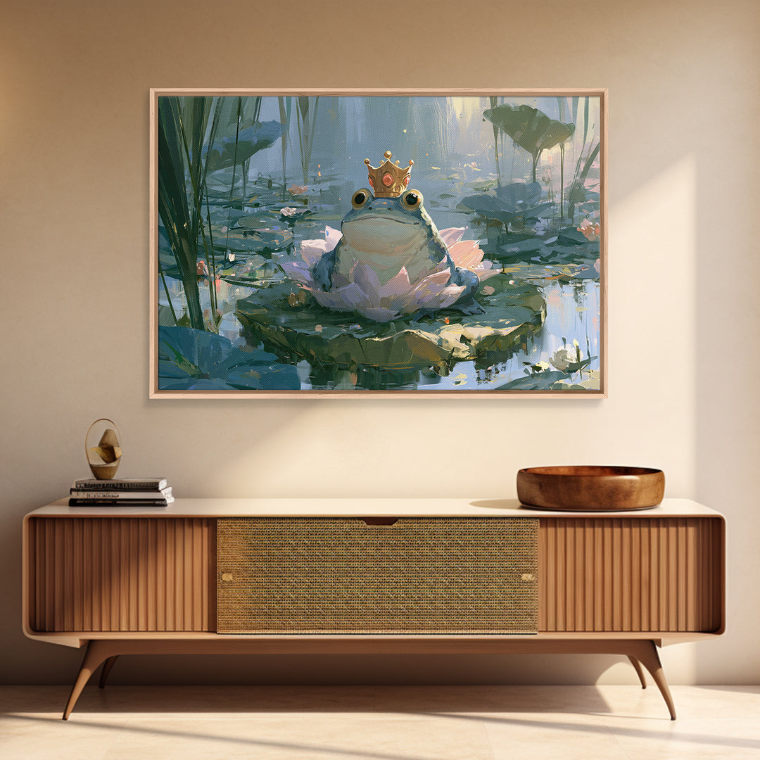 Frog Prince on a Lily Pad Framed Canvas Print, Fairy Tale Art, Whimsical Art, Living Room Decor, Fine Art, Storybook, FTA-3x2-15