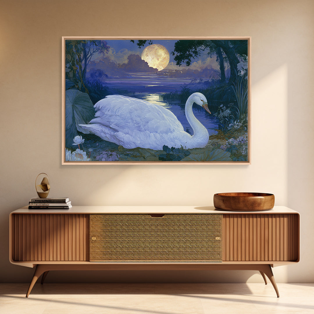 White Swan Transformation Scene Framed Canvas Print, Fairy Tale Art, Statement Artwork, Living Room Decor, Fine Art, Storybook, FTA-3x2-19