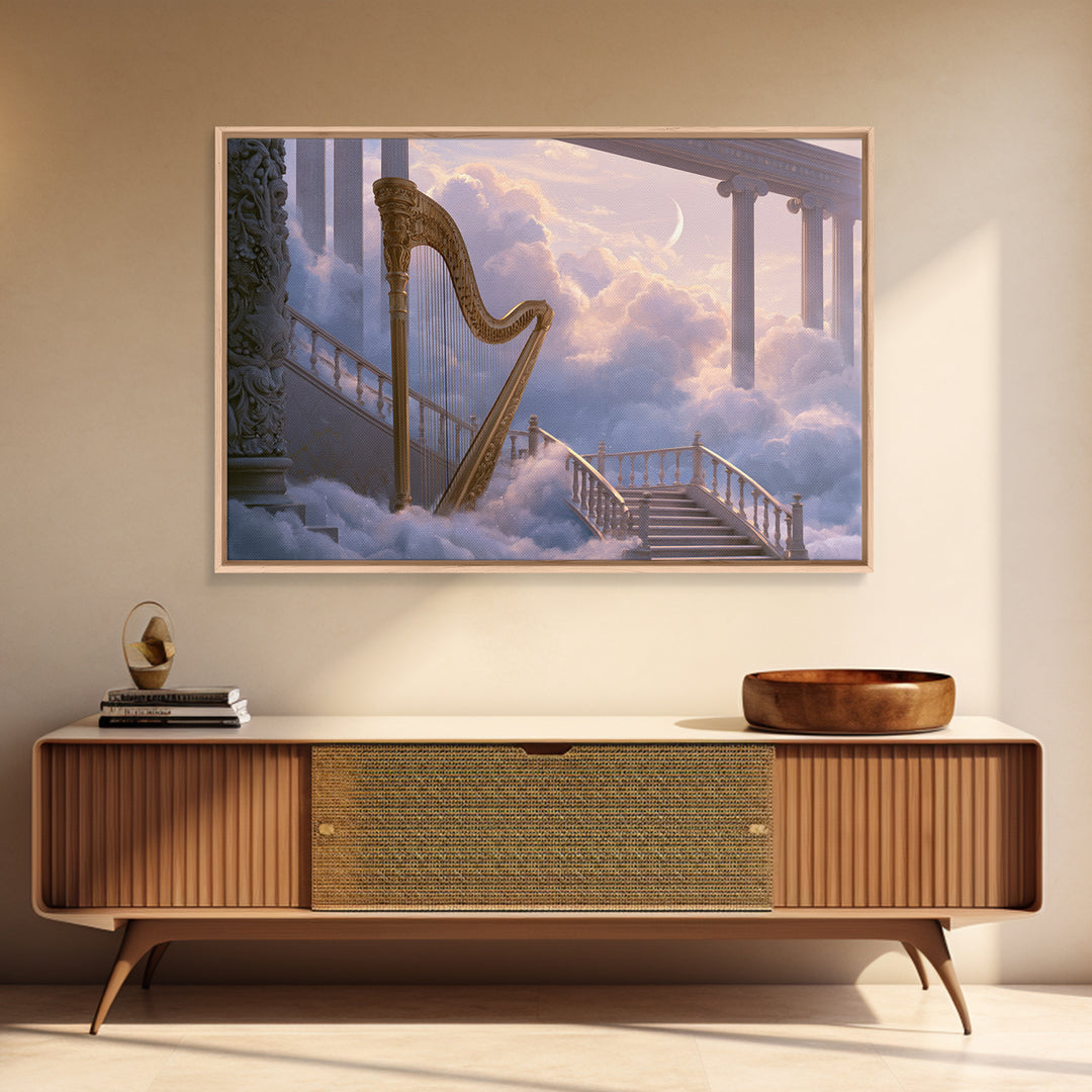 Golden Harp in a Cloud Kingdom Framed Canvas Print, Fairy Tale Art, Art Nouveau, Living Room Decor, Fine Art, Storybook, FTA-3x2-2