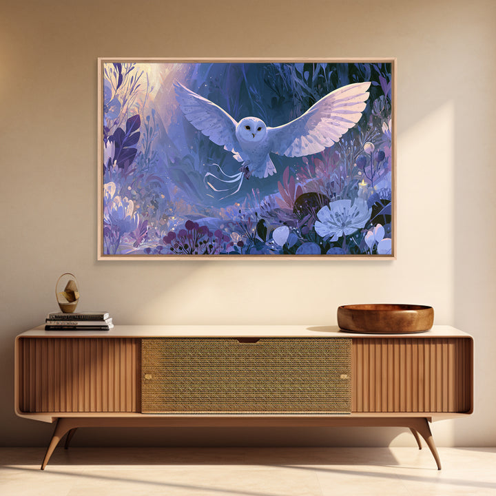 Owl Messenger Carrying a Tiny Ribbon Canvas Print, Fairy Tale Art, Whimsical Wall Art, Living Room Decor, Fine Art, Storybook, FTA-3x2-21