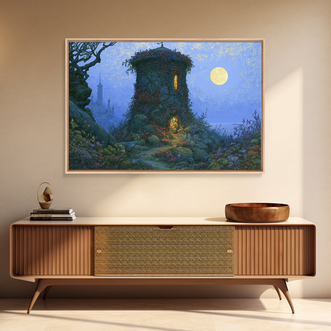 Rose Covered Tower Canvas Print, Fairy Tale Art, Boho Wall Art, Living Room Decor, Oil Painting, Storybook, Mixed Media Art, FTA-3x2-22