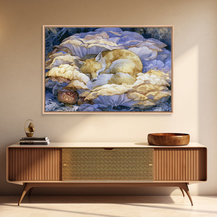 Sleeping Fox Beside a Magical Mushroom Ring Canvas Print, Fairy Tale Art, Statement Artwork, Living Room Decor, Storybook, FTA-3x2-31