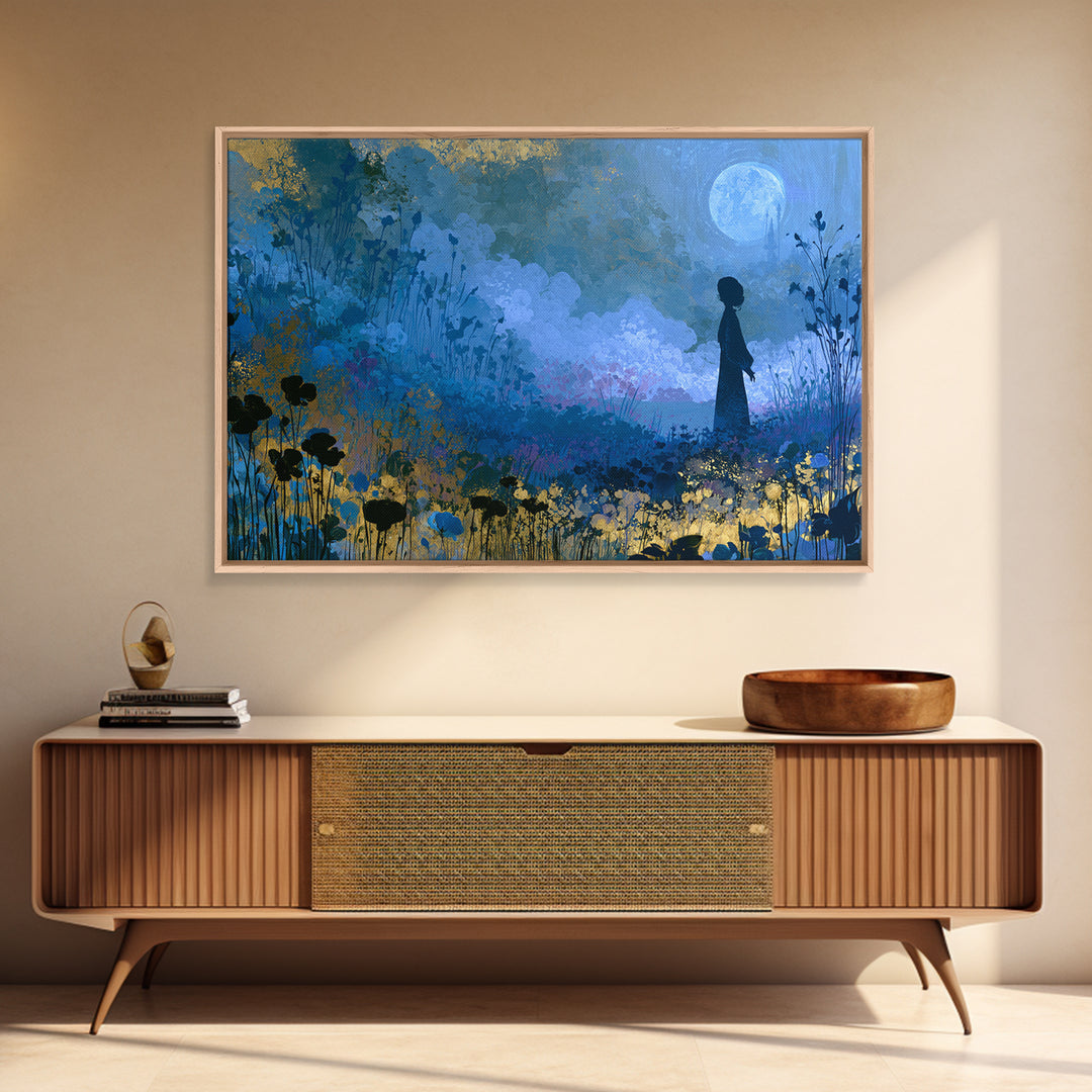 Princess Silhouette with Moonlit Garden Flowers Canvas Print, Fairy Tale Art, Mixed Media Art, Living Room Decor, Storybook, FTA-3x2-32