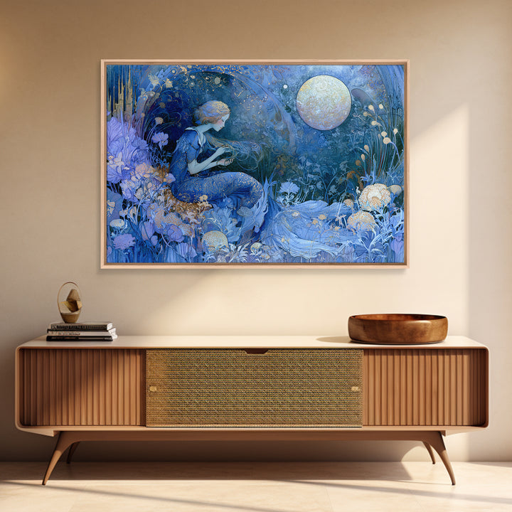 Mermaid Combing Hair Beneath a Pearl Moon Framed Canvas Print, Fairy Tale Art, Fantasy Art, Living Room Decor, Oil Painting, FTA-3x2-40