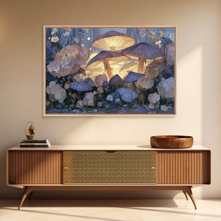 Fairy Ring of Mushrooms and Wildflowers Canvas Print, Fairy Tale Art, Neutral Decor, Living Room Decor, Oil Painting, Storybook, FTA-3x2-49