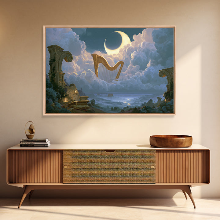 Golden Harp in a Cloud Kingdom Framed Canvas Print, Fairy Tale Art, Princess Wall Art, Living Room Decor, Oil Painting, FTA-3x2-50