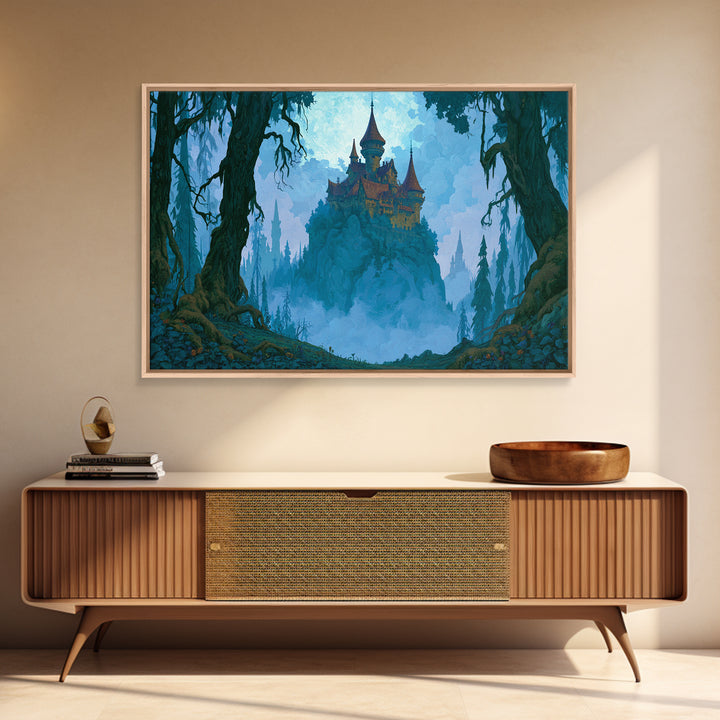 Storybook Castle on a Misty Hill Canvas Print, Fairy Tale Art, Dark Art, Living Room Decor, Storybook, Statement Artwork, FTA-3x2-54
