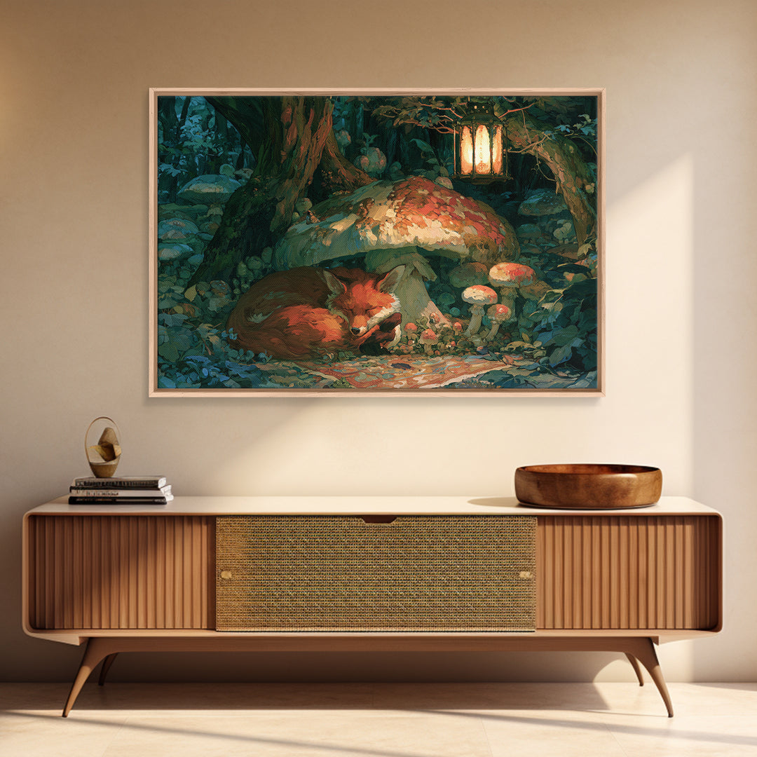 Sleeping Fox Beside a Magical Mushroom Ring Canvas Print, Fairy Tale Art, Boho Wall Art, Living Room Decor, Storybook, FTA-3x2-55