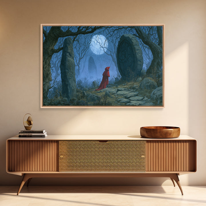 Red Cloak Figure Walking Through Dark Woods Canvas Print, Fairy Tale Art, Textured Painting, Living Room Decor, Storybook, FTA-3x2-60