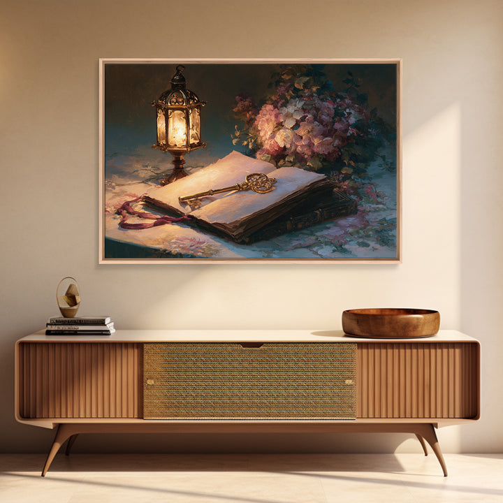 Golden Key and Enchanted Book Still Life Canvas Print, Fairy Tale Art, Fantasy Art, Living Room Decor, Oil Painting, Storybook, FTA-3x2-61