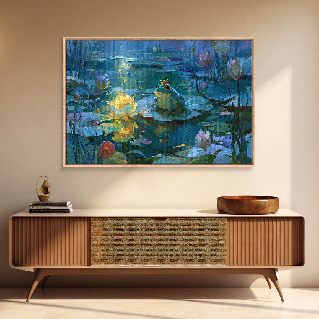 Frog Prince on a Lily Pad Framed Canvas Print, Fairy Tale Art, Dark Art, Living Room Decor, Storybook, Statement Artwork, FTA-3x2-63