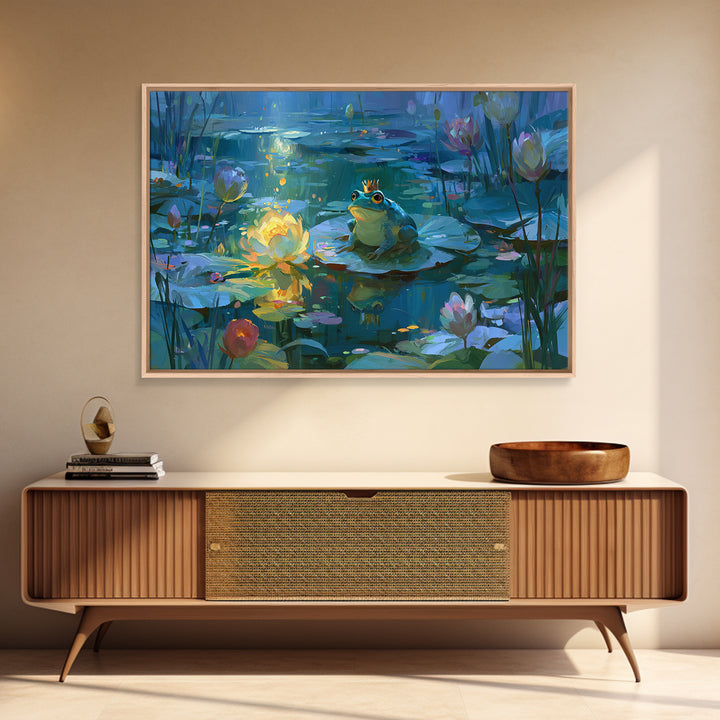 Frog Prince on a Lily Pad Framed Canvas Print, Fairy Tale Art, Dark Art, Living Room Decor, Storybook, Statement Artwork, FTA-3x2-63