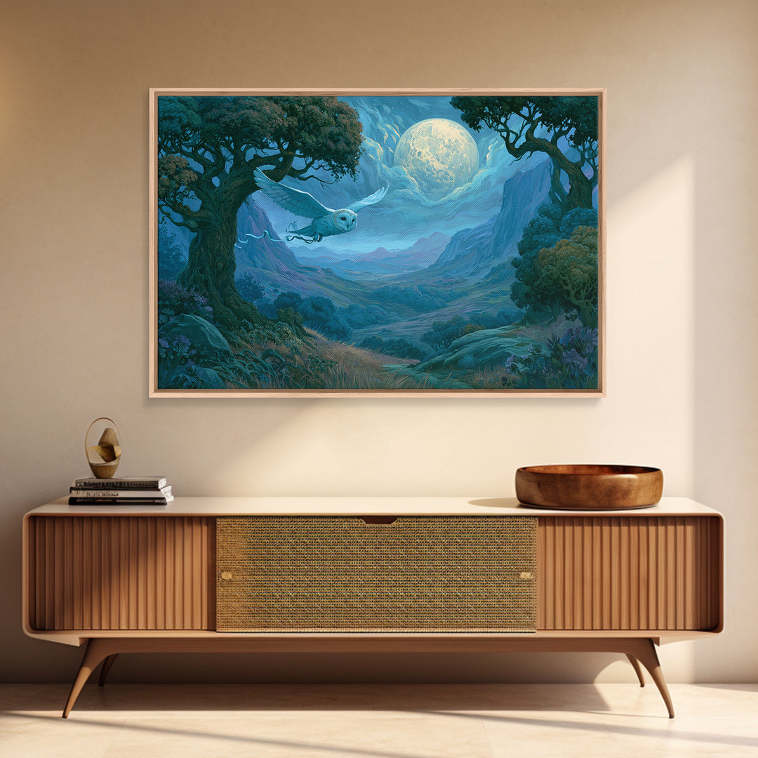 Owl Messenger Carrying a Tiny Ribbon Framed Canvas Print, Fairy Tale Art, Gallery Decor, Living Room Decor, Fine Art, Storybook, FTA-3x2-69