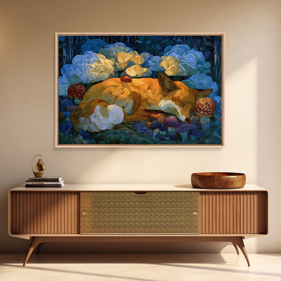 Sleeping Fox Beside a Magical Mushroom Ring Framed Canvas Print, Fairy Tale Art, Abstract Art, Living Room Decor, Storybook, FTA-3x2-7