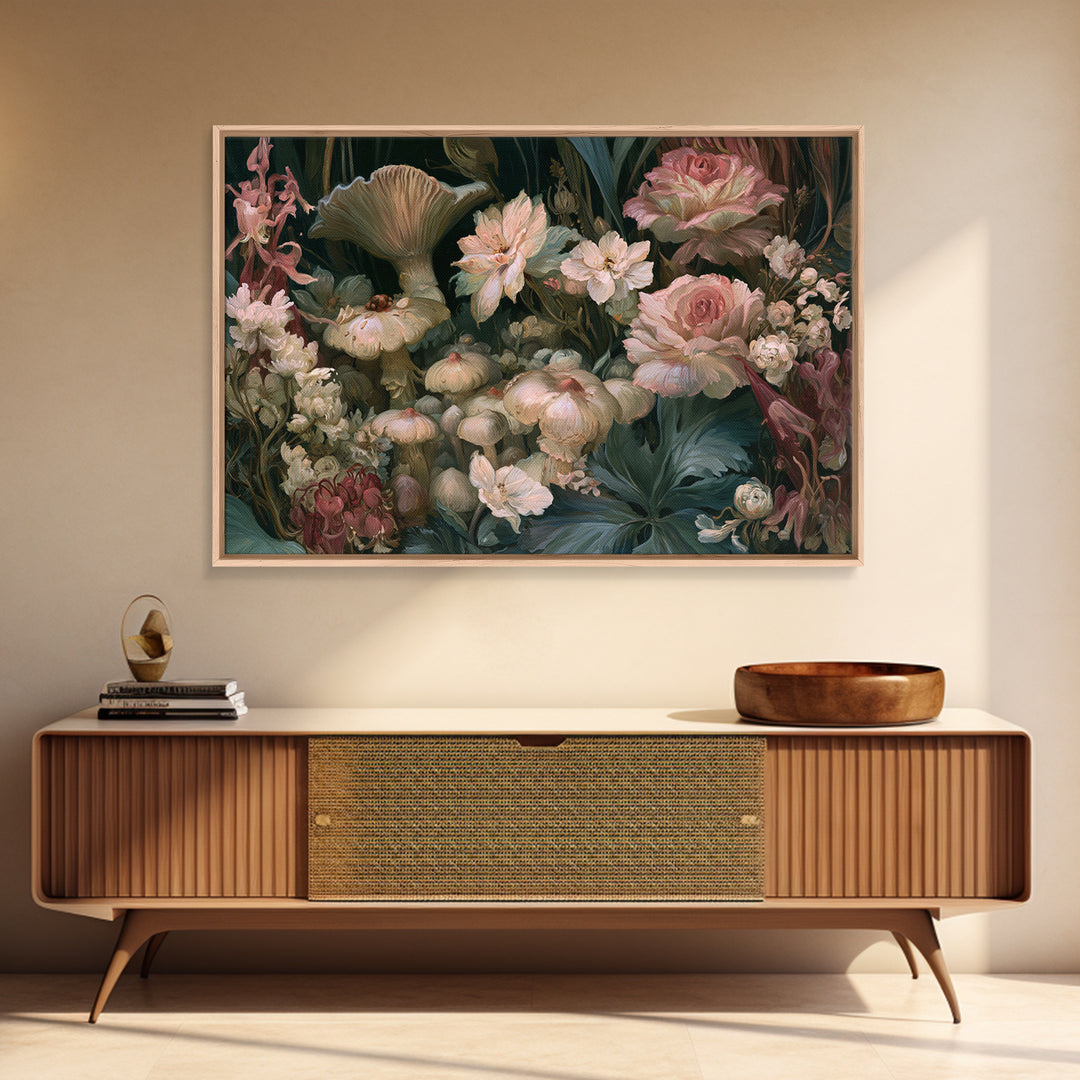 Fairy Ring of Mushrooms and Wildflowers Canvas Print, Fairy Tale Art, Neutral Decor, Living Room Decor, Oil Painting, Storybook, FTA-3x2-73