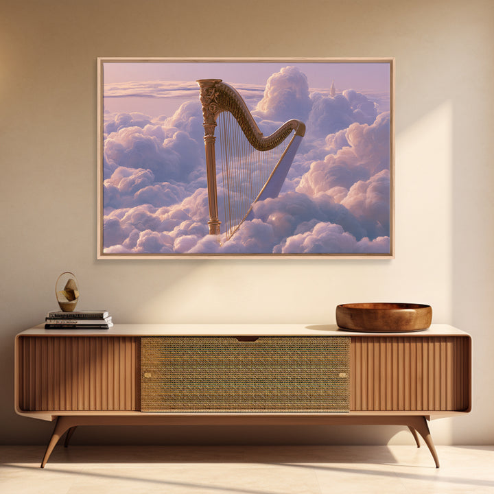 Golden Harp in a Cloud Kingdom Framed Canvas Print, Fairy Tale Art, Princess Wall Art, Living Room Decor, Oil Painting, FTA-3x2-74