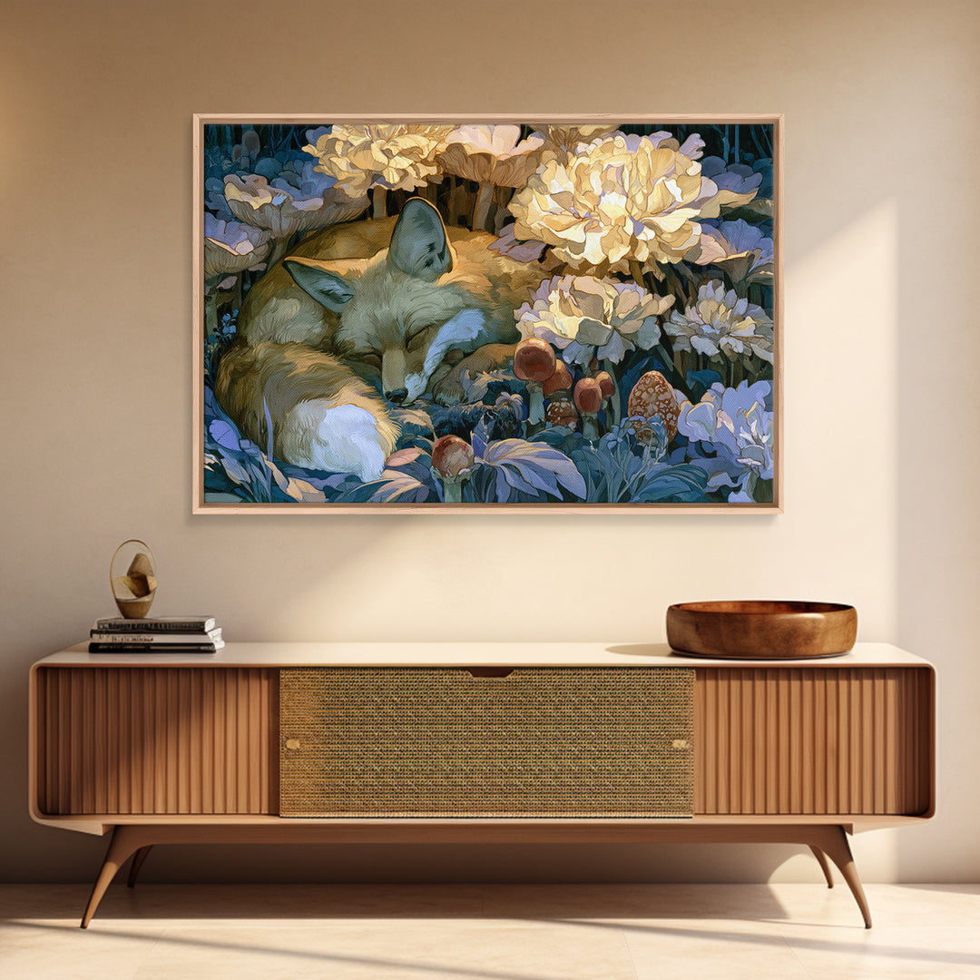 Sleeping Fox Beside a Magical Mushroom Ring Canvas Print, Fairy Tale Art, Luxury Decor, Living Room Decor, Storybook, FTA-3x2-79