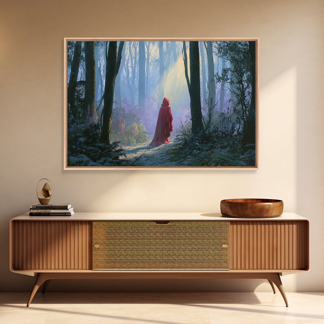 Red Cloak Figure Walking Through Dark Woods Canvas Print, Fairy Tale Art, Wall Decor, Living Room Decor, Fine Art, Storybook, FTA-3x2-84