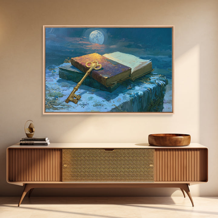 Golden Key and Enchanted Book Still Life Framed Canvas Print, Fairy Tale Art, Statement Artwork, Living Room Decor, Storybook, FTA-3x2-85