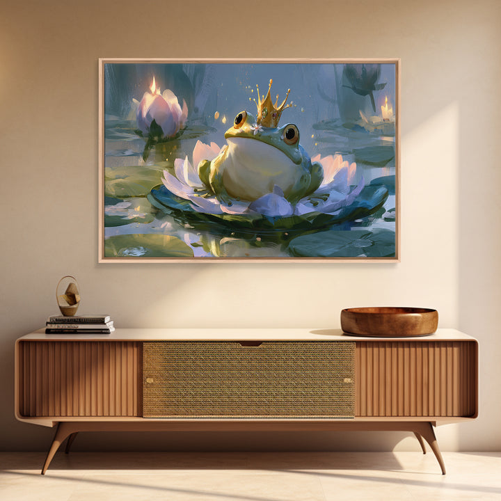 Frog Prince on a Lily Pad Framed Canvas Print, Fairy Tale Art, Wall Decor, Living Room Decor, Storybook, Boho Wall Art, FTA-3x2-87