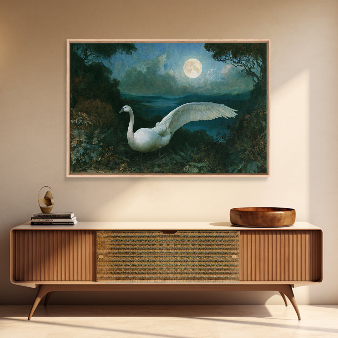 White Swan Transformation Scene Framed Canvas Print, Fairy Tale Art, Boho Wall Art, Living Room Decor, Oil Painting, Storybook, FTA-3x2-91