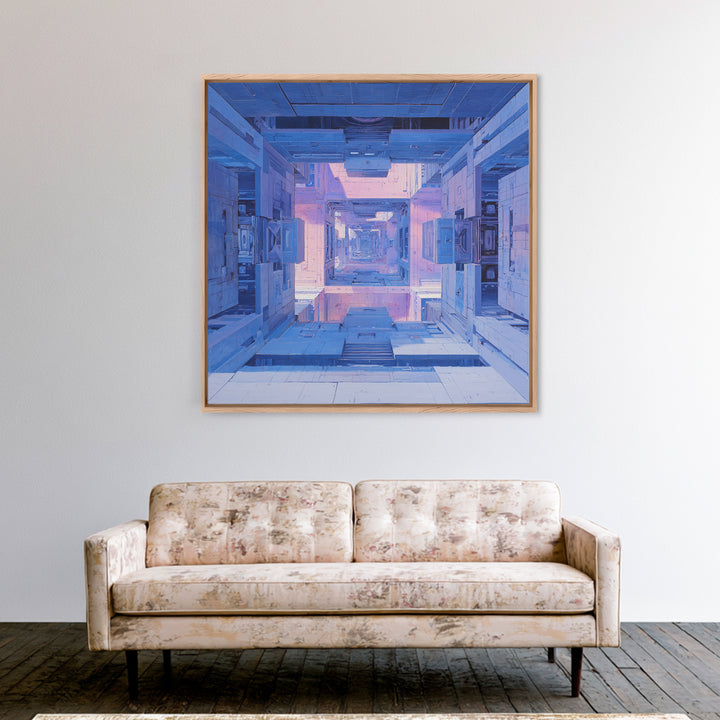 White and Blue Utopian Megastructure Canvas Print, Futuristic Art, Canvas Wall Art, Living Room Decor, Watercolor Art, Future, FUT-1x1-36