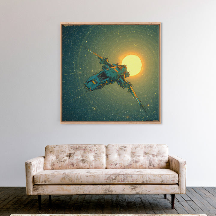 Solar Sail Ship Crossing Star Filled Space Framed Canvas Print, Futuristic Art, Mid Century Modern, Living Room Decor, Future, FUT-1x1-41
