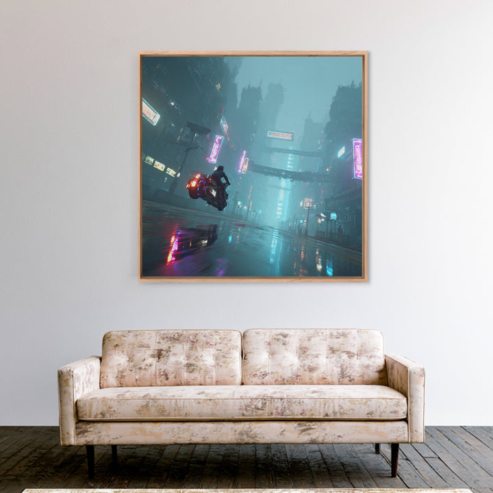 High Speed Hover Bike Trail of Light Framed Canvas Print, Futuristic Art, Cyberpunk Decor, Living Room Decor, Fine Art, Future, FUT-1x1-68