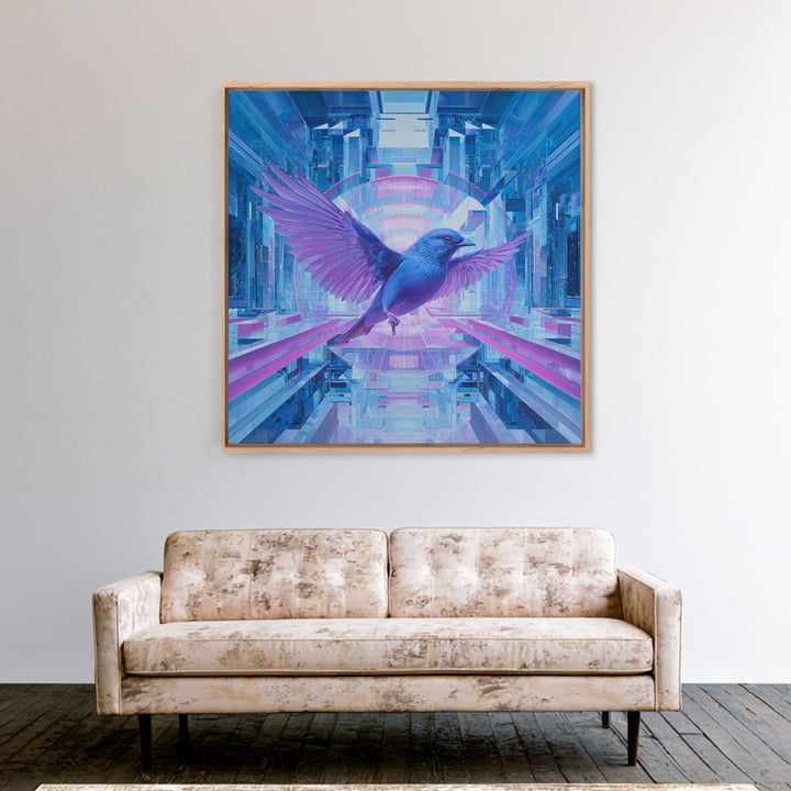Futurist Bird Made of Panels and Light Framed Canvas Print, Futuristic Art, Statement Artwork, Living Room Decor, Future, FUT-1x1-70