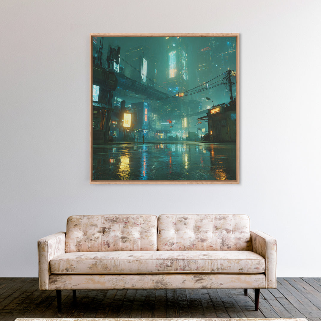Digital Aurora Above a Clean White City Framed Canvas Print, Futuristic Art, Space Art, Living Room Decor, Abstract Art, Future, FUT-1x1-72