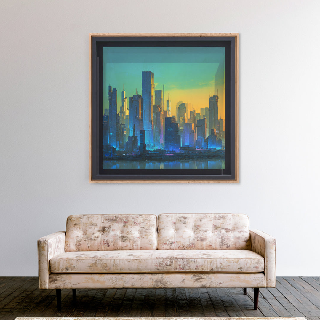 Sleek Chrome City Skyline Framed Canvas Print, Futuristic Art, Modern Wall Art, Living Room Decor, Abstract Art, Future, FUT-1x1-73
