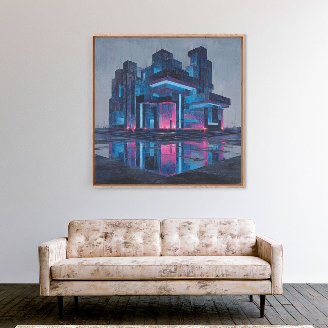 White and Blue Utopian Megastructure Framed Canvas Print, Futuristic Art, Living Room Decor, Abstract Art, Future, FUT-1x1-84