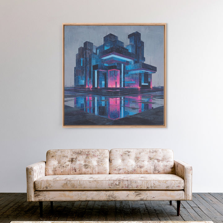 White and Blue Utopian Megastructure Framed Canvas Print, Futuristic Art, Living Room Decor, Abstract Art, Future, FUT-1x1-84
